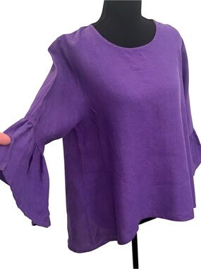 Bryn Walker Purple 100% Linen Tunic Top Bell Sleeve Hi Low Hem Lagenlook Size S